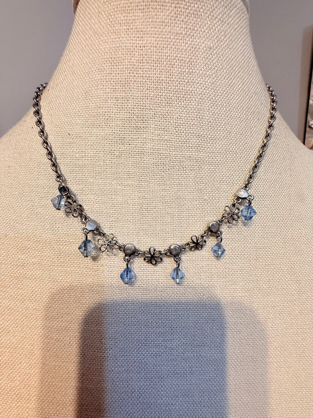 Vintage Cookie Lee Blue Crystal Flower Necklace 16”